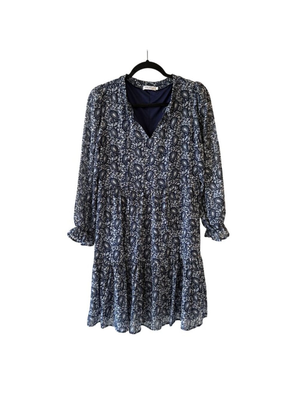 Prato Floral Navy Blue Long-Sleeve Shift Dress Size 1 Smocked Neck Cuffs Flowy